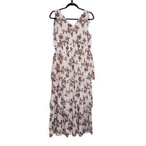 Kings Road White & Brown Floral Tiered Maxi Dress Boho Western Cowgirl Country S